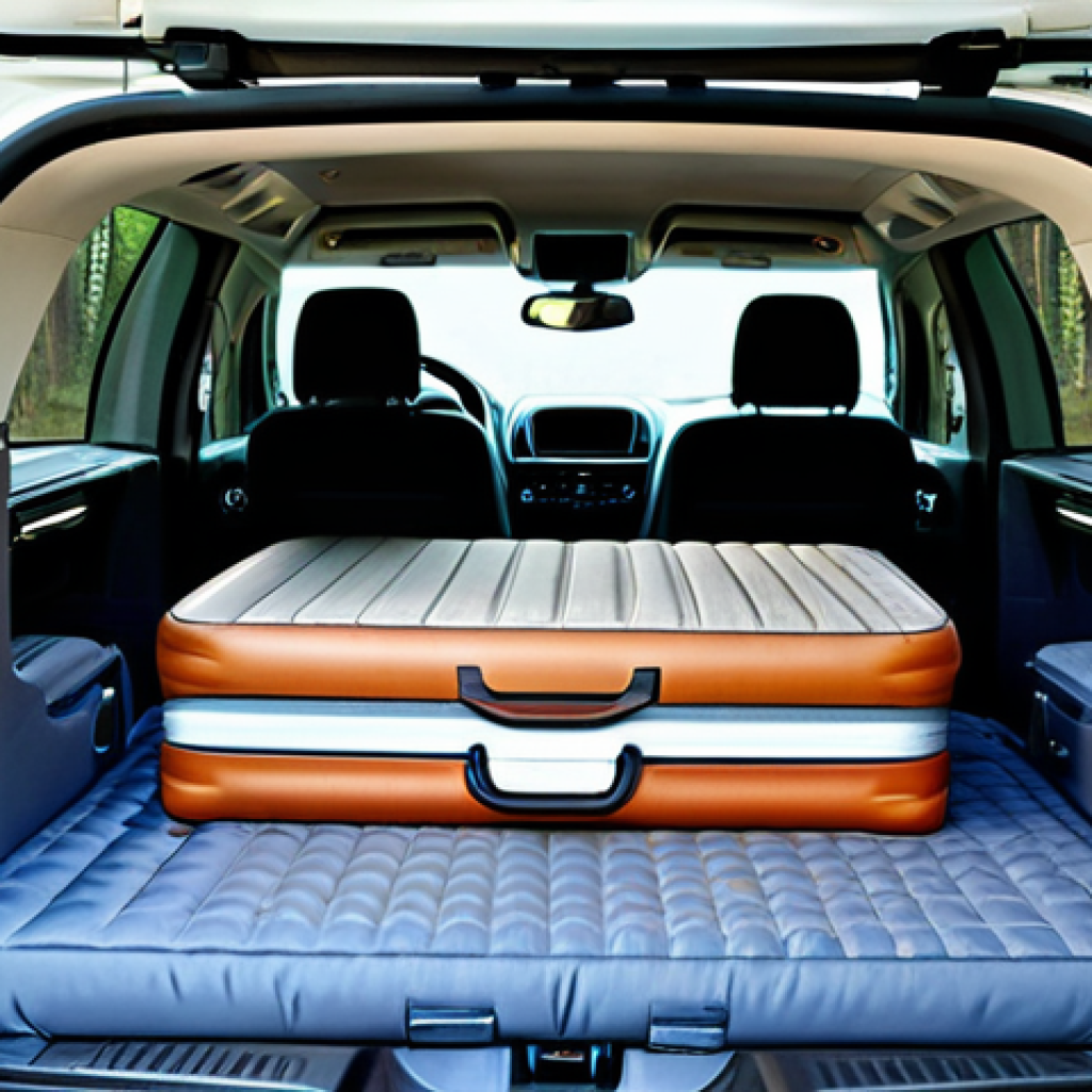 Cozy Interior Car Camping Scene**

"Interior of a Chevrolet Traverse, transformed into a cozy camper, fully clothed, perfect anatomy, natural proportions. Features a custom-fit inflatable mattress, neatly arranged stackable storage boxes, and insulated window coverings. Soft LED lighting creates a warm ambiance. Safe for work, appropriate content, fully clothed, family-friendly. High quality, professional photography, well-formed hands, proper finger count, natural body proportions."

**