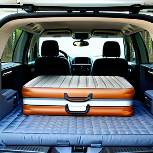 Home 6 Cozy Interior Car Camping Scene**
"Interior of a Chevrolet Traverse, transformed into a cozy camper, fully clothed, perfect anatomy, natural proportions. Features a custom-fit inflatable mattress, neatly arranged stackable storage boxes, and insulated window coverings. Soft LED lighting creates a warm ambiance. Safe for work, appropriate content, fully clothed, family-friendly. High quality, professional photography, well-formed hands, proper finger count, natural body proportions."
**