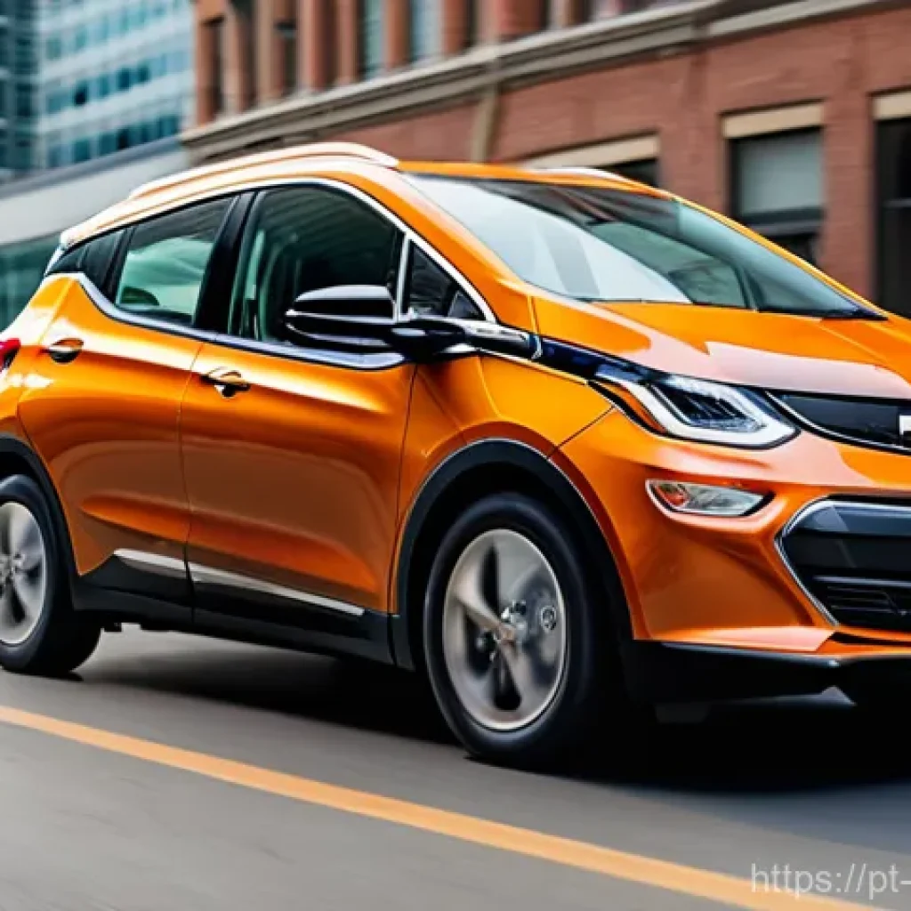 쉐보레 볼트 EV와 테슬라 모델 3 비교 - **Urban Agility: Chevrolet Bolt EV in Motion**
    A cheerful and dynamic medium shot of a modern Ch...
