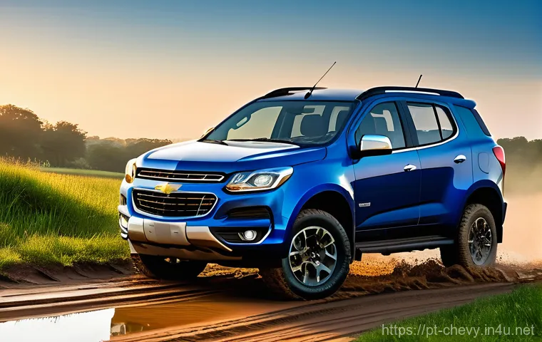 쉐보레 트레일블레이저 주행 성능 - 8L Turbo Diesel engine, is depicted confidently navigating a rugged, muddy off-road trail. The vehic...