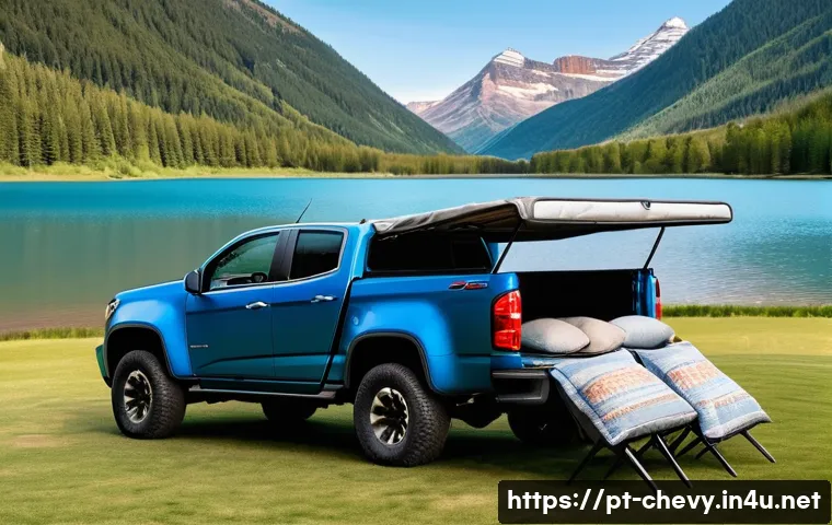 쉐보레 콜로라도의 캠핑카 변환 사례 - **Prompt:** A cozy and well-equipped camper conversion of a Chevrolet Colorado pickup truck, parked ...