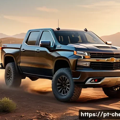 Home 33 쉐보레 실버라도 트럭의 적재 능력 - A rugged Chevrolet Silverado truck driving confidently over a rocky off-road trail at sunset, showca...