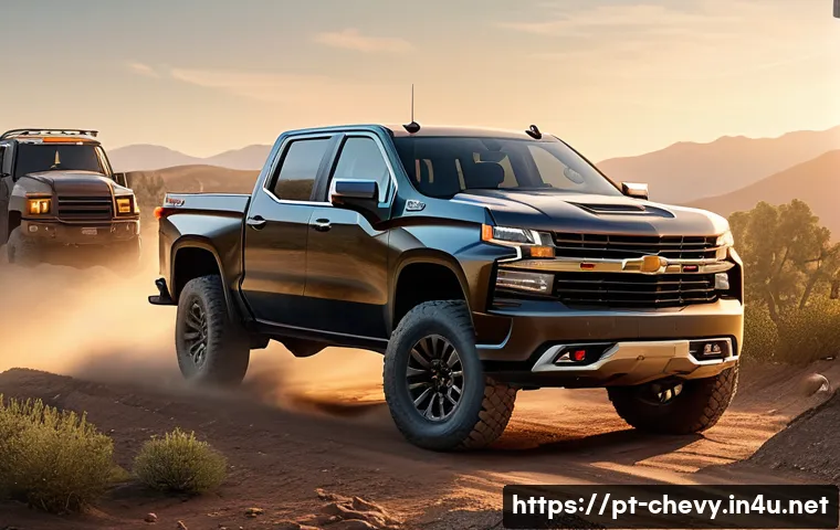 쉐보레 실버라도 트럭의 적재 능력 - A rugged Chevrolet Silverado truck driving confidently over a rocky off-road trail at sunset, showca...