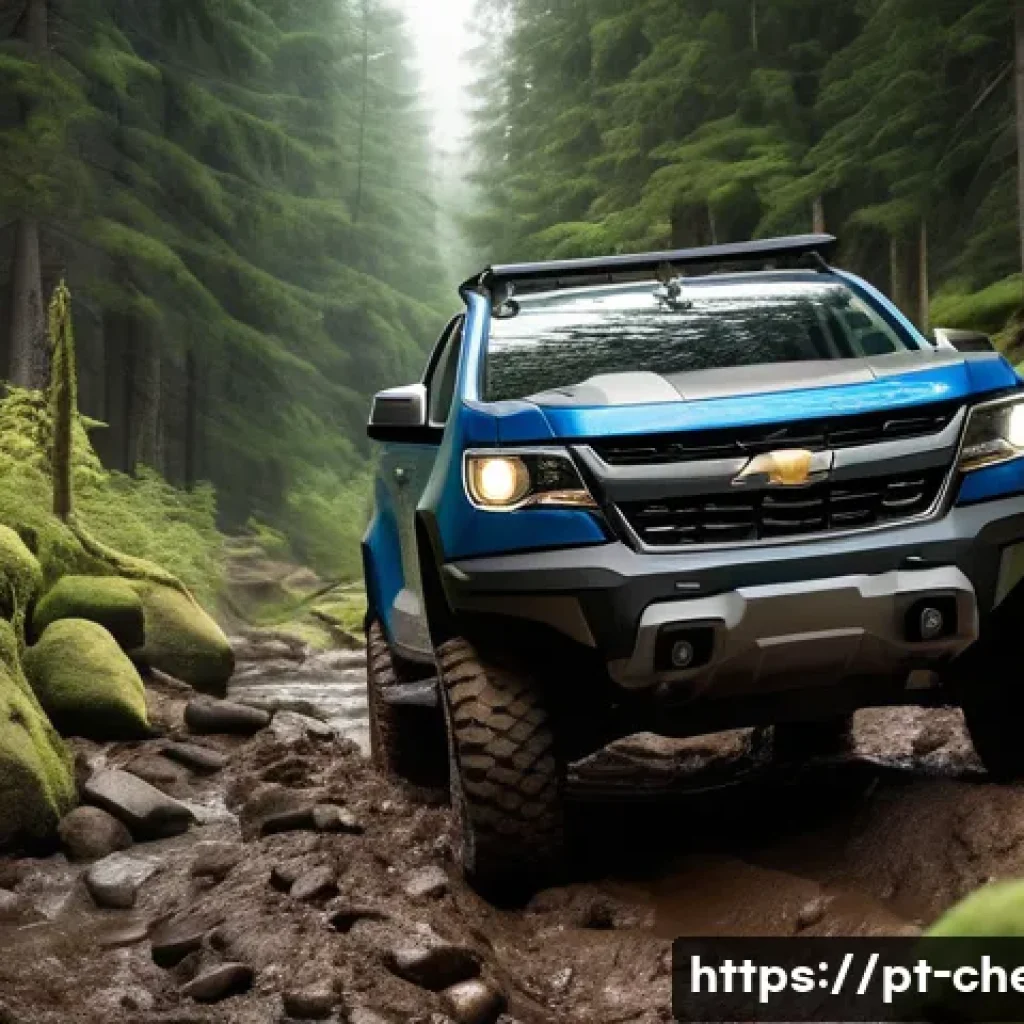 쉐보레 콜로라도의 오프로드 패키지 - A rugged Chevrolet Colorado pickup truck equipped with an off-road package, driving through a challe...