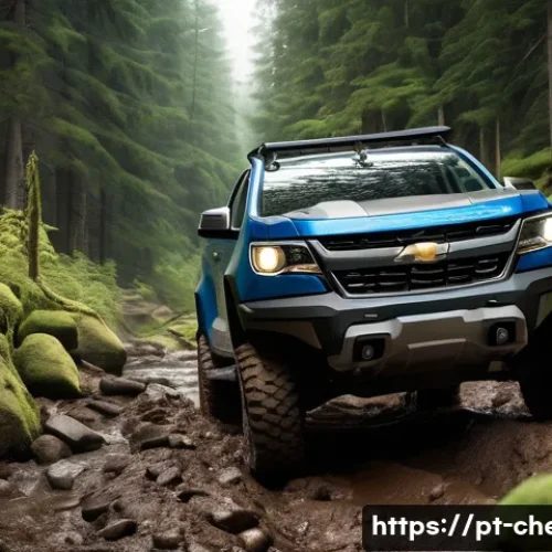 Home 32 쉐보레 콜로라도의 오프로드 패키지 - A rugged Chevrolet Colorado pickup truck equipped with an off-road package, driving through a challe...