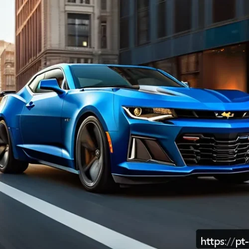 Home 30 쉐보레 카마로의 고객 만족도 - A sleek 2024 Chevrolet Camaro parked on a sunlit urban street during golden hour, showcasing its agg...