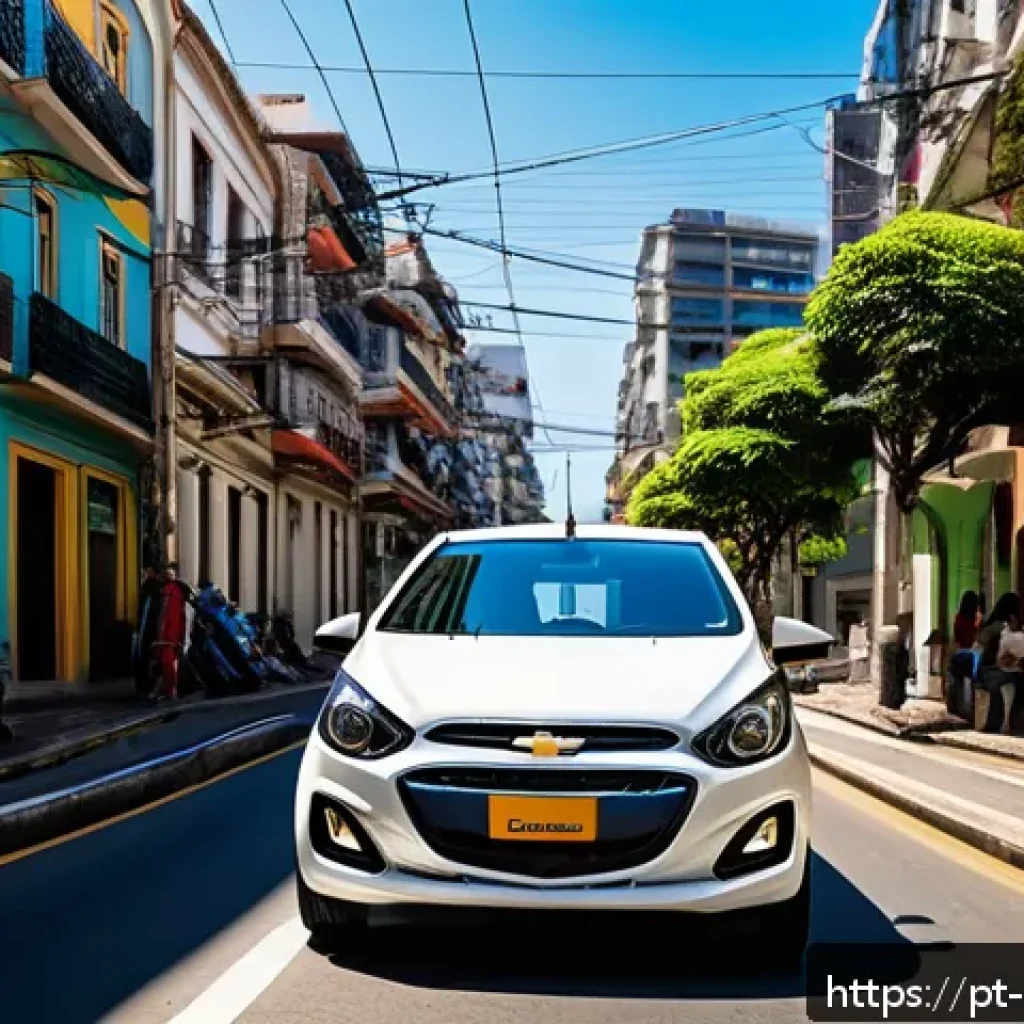 쉐보레 스파크와 현대 캐스퍼 비교 - A vibrant urban street scene in São Paulo, Brazil, featuring a compact Chevrolet Spark with rounded,...