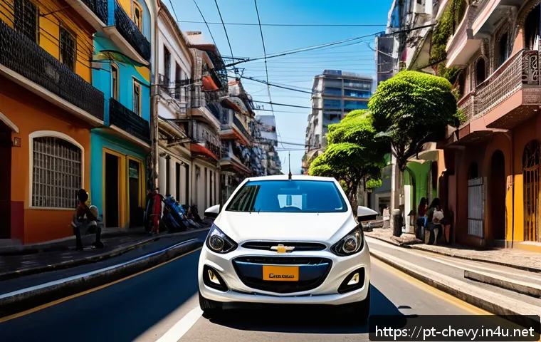 쉐보레 스파크와 현대 캐스퍼 비교 - A vibrant urban street scene in São Paulo, Brazil, featuring a compact Chevrolet Spark with rounded,...