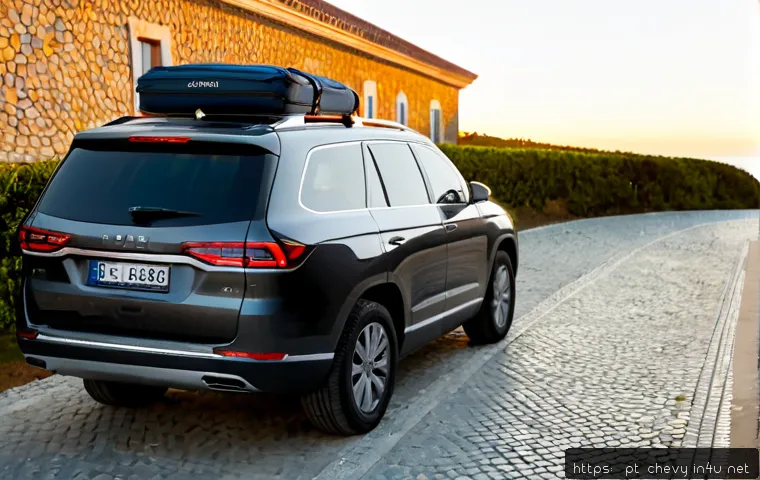 쉐보레 트래버스 장기 시승기 - Photorealistic long-term SUV ownership scene in Portugal, a large modern family crossover with no vi...