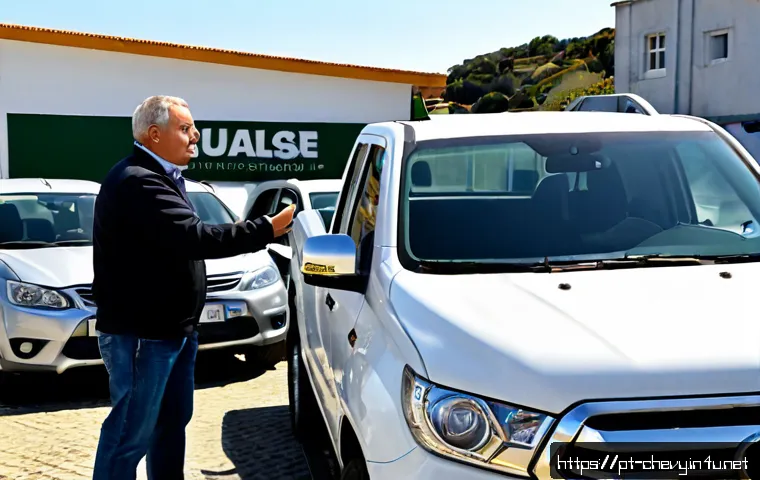 쉐보레 콜로라도 중고차 시세 - Photorealistic used midsize pickup truck parked at a clean independent dealership in Portugal, three...